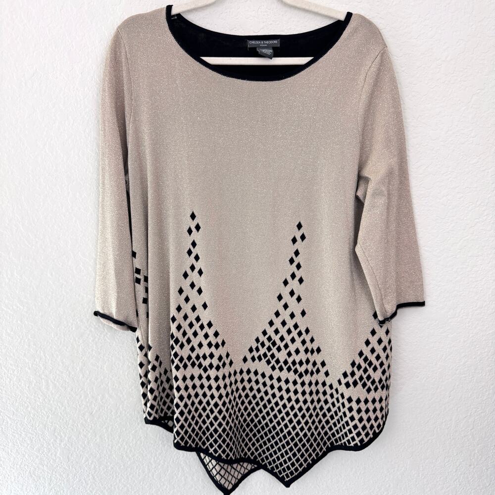 Chelsea & Theodore Womens Tunic Sweater Top Size 1X Metallic Sparkle Gold Black